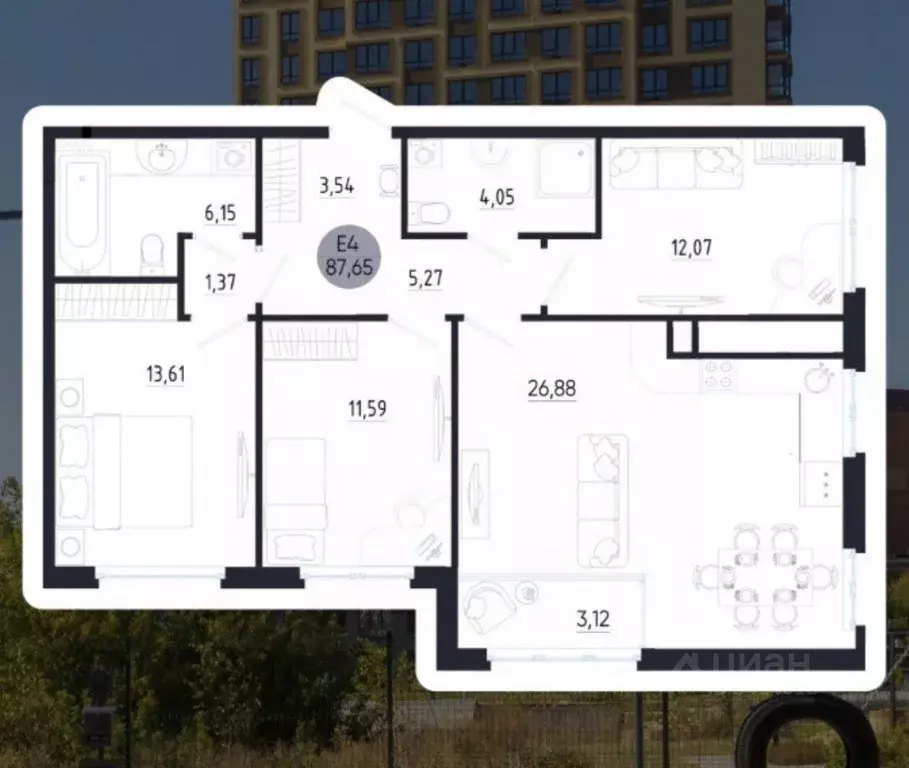 3-к кв. Тульская область, Тула Новомедвенский проезд, 6А (87.65 м) - Фото 2