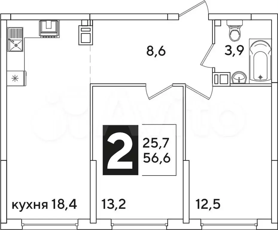 2-к. квартира, 56,6 м, 5/16 эт. - Фото 1