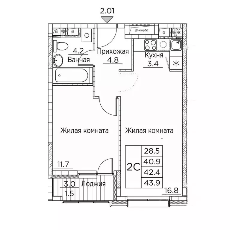 2-к кв. Приморский край, Владивосток ул. Расула Гамзатова, 7к2 (43.9 ... - Фото 1