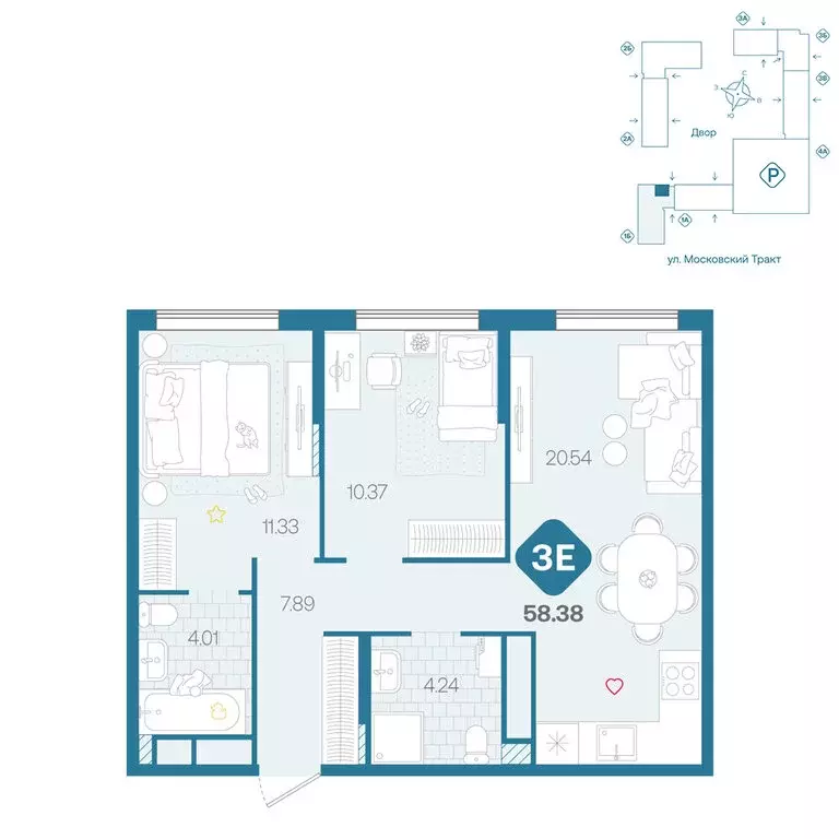 3-комнатная квартира: Тюмень, жилой комплекс Сибирский (58.38 м) - Фото 1