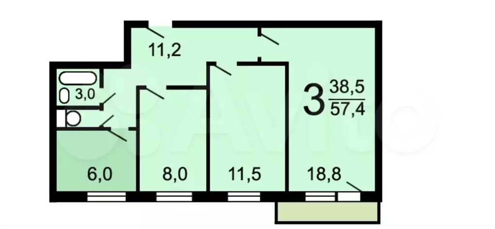 3-к. квартира, 57,5 м, 9/9 эт. - Фото 0