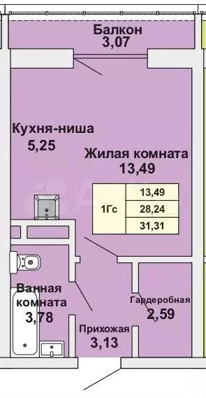 Квартира-студия, 32,4 м, 3/6 эт. - Фото 1