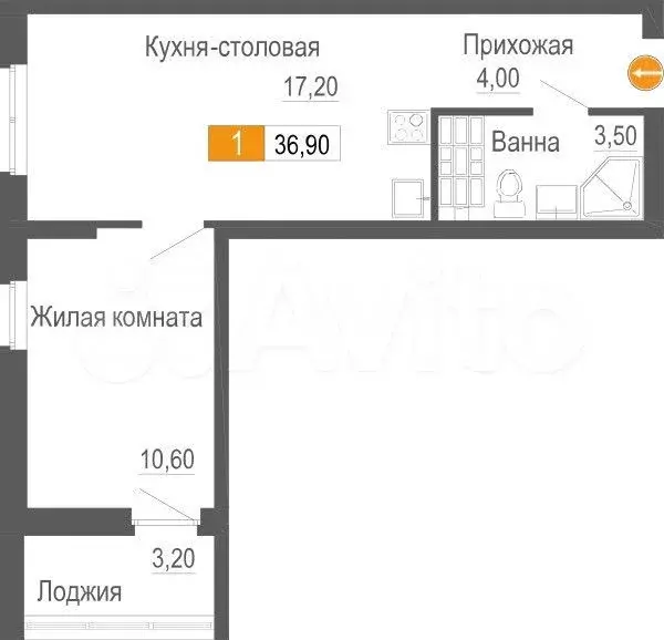 1-к. квартира, 36,9 м, 7/26 эт. - Фото 0