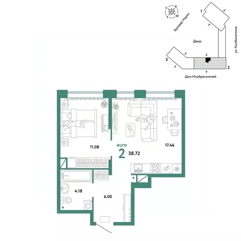 2-к кв. Тюменская область, Тюмень Комбинатская ул., 16к1 (38.72 м) - Фото 0