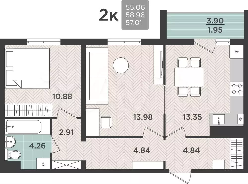 2-к. квартира, 59 м, 3/5 эт. - Фото 0