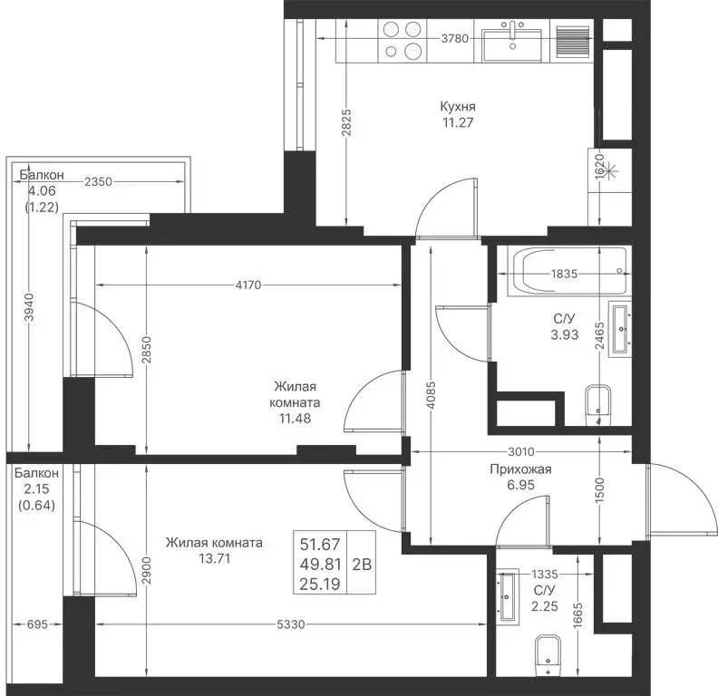 2-комнатная квартира: Казань, ЖК Мой Ритм, ПК14 (51.67 м) - Фото 1