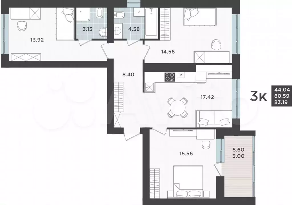 3-к. квартира, 81 м, 5/9 эт. - Фото 1