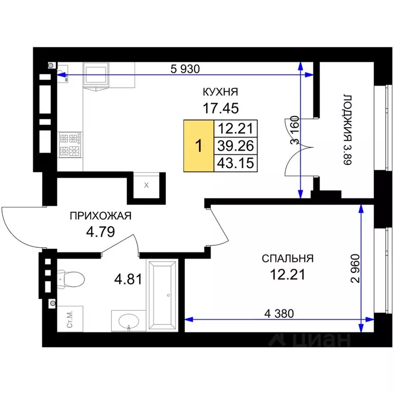 1-к кв. Калининградская область, Гурьевск Включи жилой комплекс (43.15 ... - Фото 1