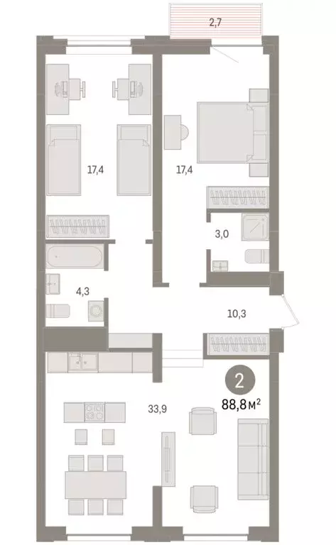 2-комнатная квартира: Тюмень, жилой комплекс Речной Порт (88.8 м) - Фото 2