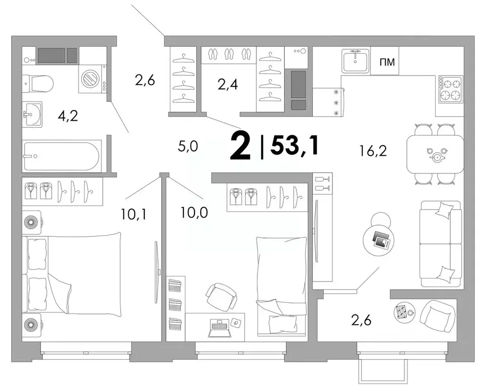 2-к кв. Владимирская область, Владимир Уно жилой комплекс (53.1 м) - Фото 1