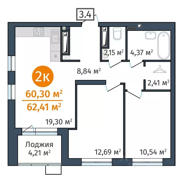 2-к кв. Тюменская область, Тюмень ул. Краснооктябрьская, 12 (60.3 м) - Фото 0