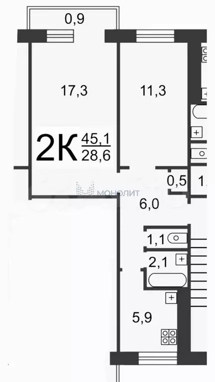 2-к. квартира, 44,2 м, 3/5 эт. - Фото 0