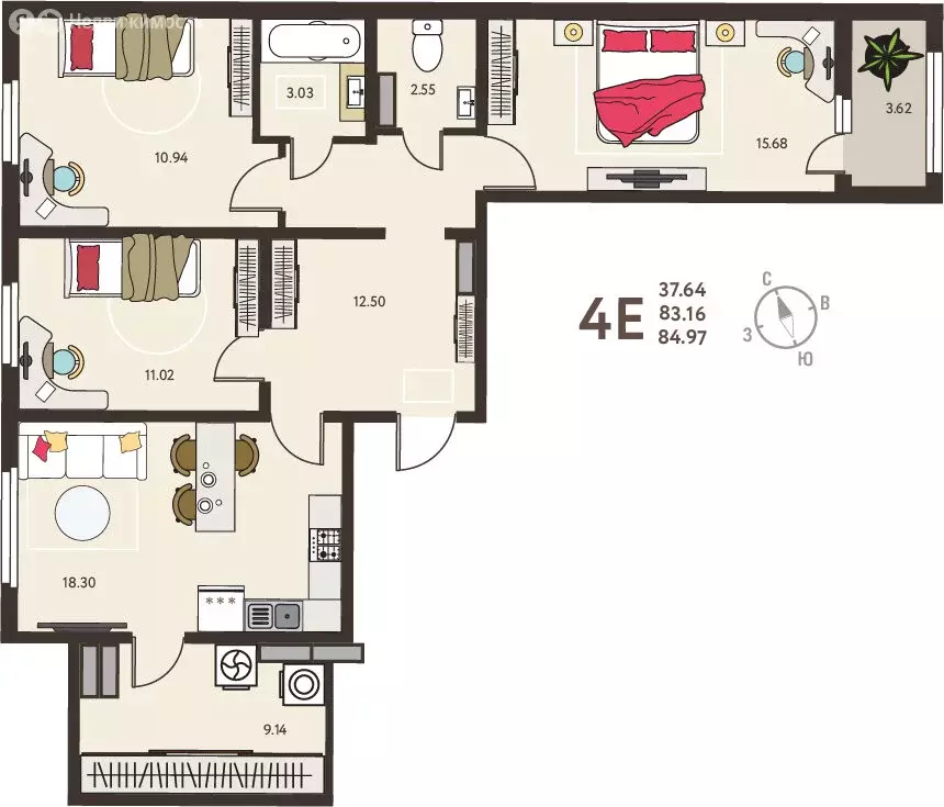 3-комнатная квартира: Курск, микрорайон Курского Завода Тракторных ... - Фото 0