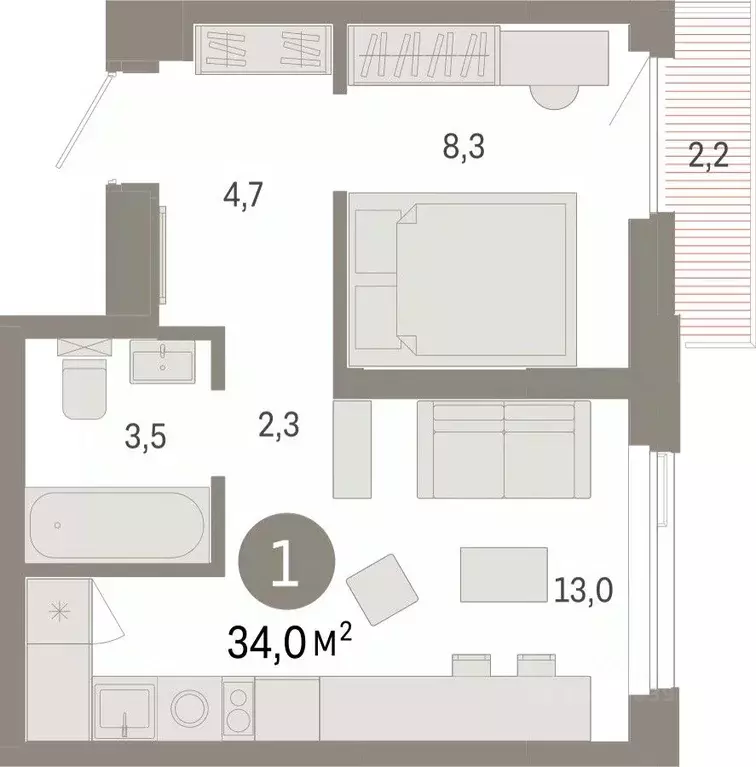 1-к кв. Тюменская область, Тюмень ул. Павла Фитина, 7 (34.03 м) - Фото 2