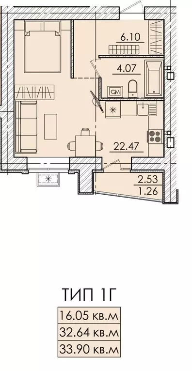 Квартира, 1 комната, 33.9 м - Фото 0