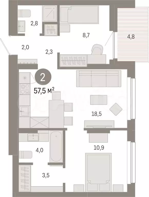 2-к. квартира, 57,5 м, 4/12 эт. - Фото 1