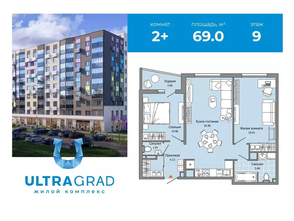 2-к кв. Ульяновская область, Ульяновск Юго-Западный мкр, Ультраград ... - Фото 1