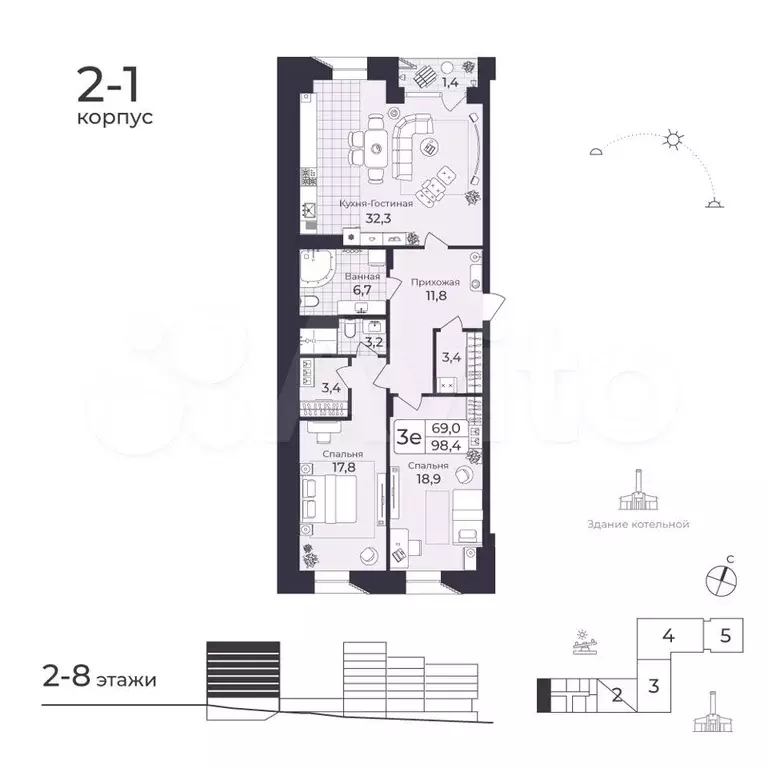 3-к. квартира, 98,9 м, 3/8 эт. - Фото 0