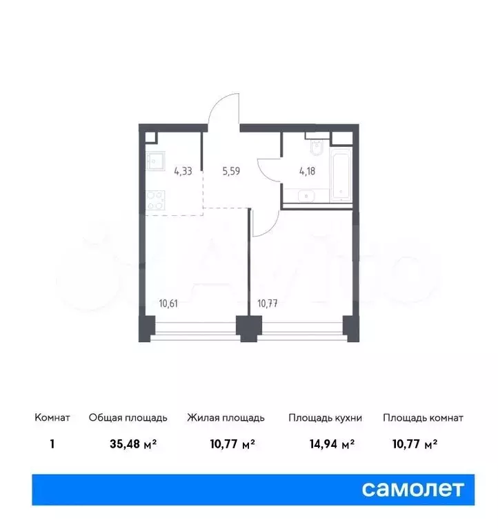 1-к. квартира, 35,5 м, 2/32 эт. - Фото 0