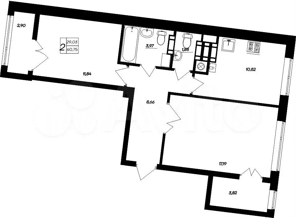 2-к. квартира, 60,8 м, 6/9 эт. - Фото 0