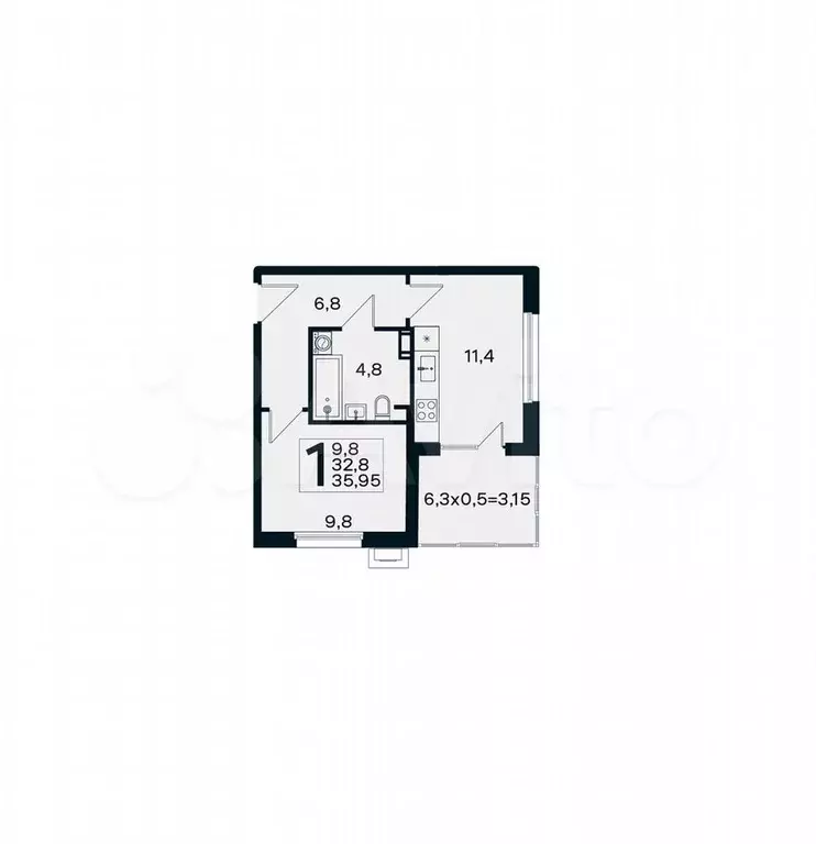 1-к. квартира, 36 м, 2/4 эт. - Фото 1