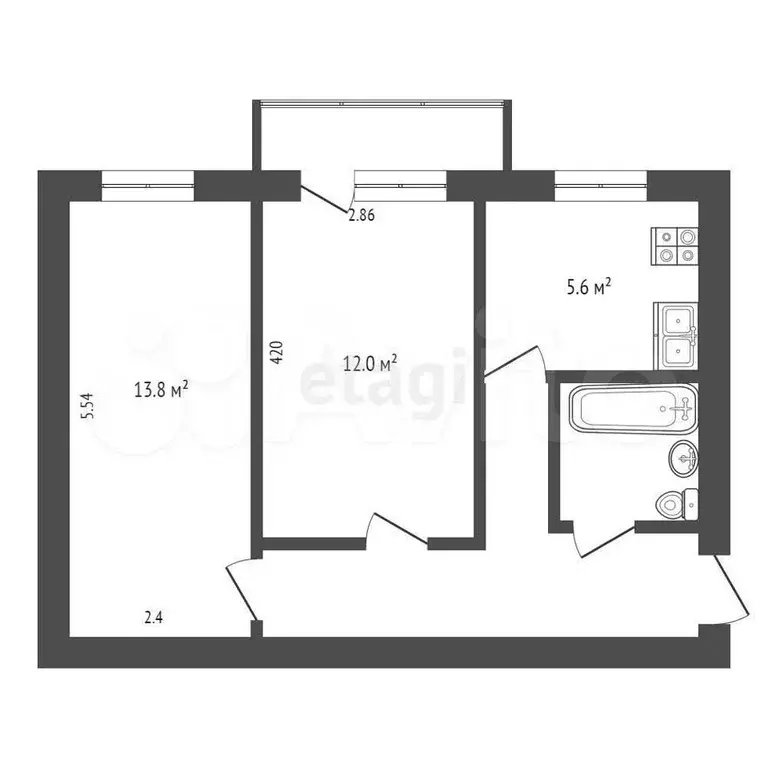 2-к. квартира, 42,7 м, 5/5 эт. - Фото 0