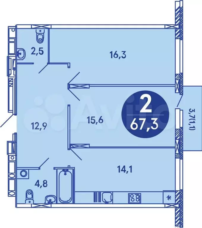 2-к. квартира, 68 м, 8/8 эт. - Фото 0