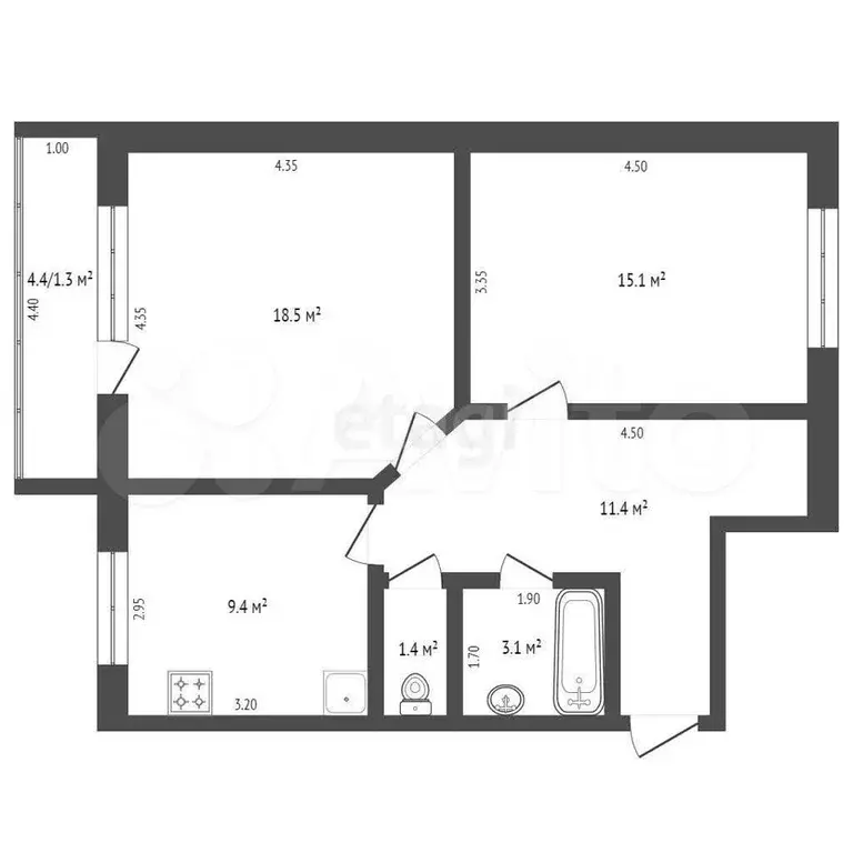 2-к. квартира, 58,9 м, 1/2 эт. - Фото 1