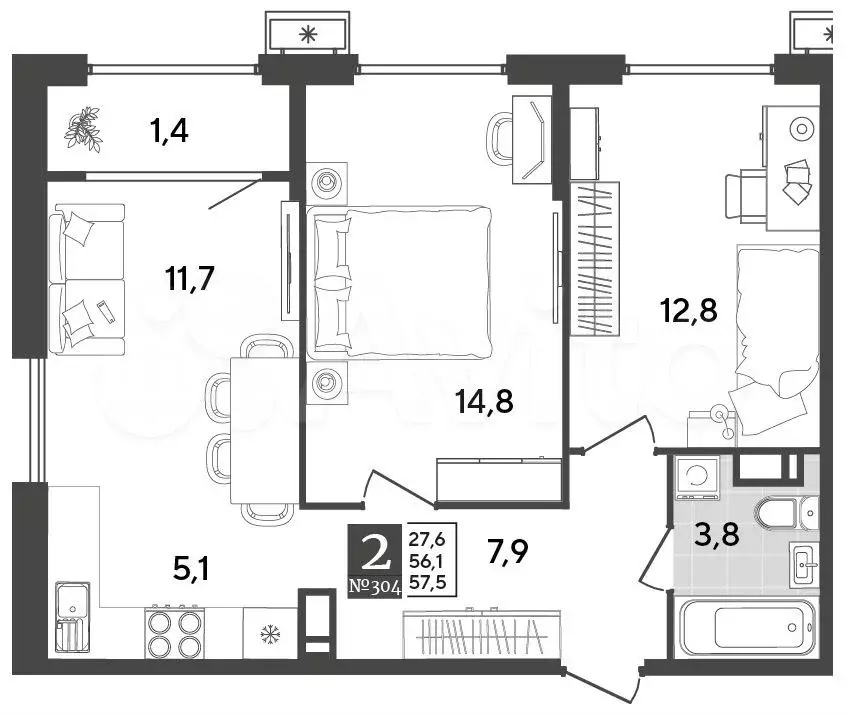 2-к. квартира, 57,5 м, 14/18 эт. - Фото 1