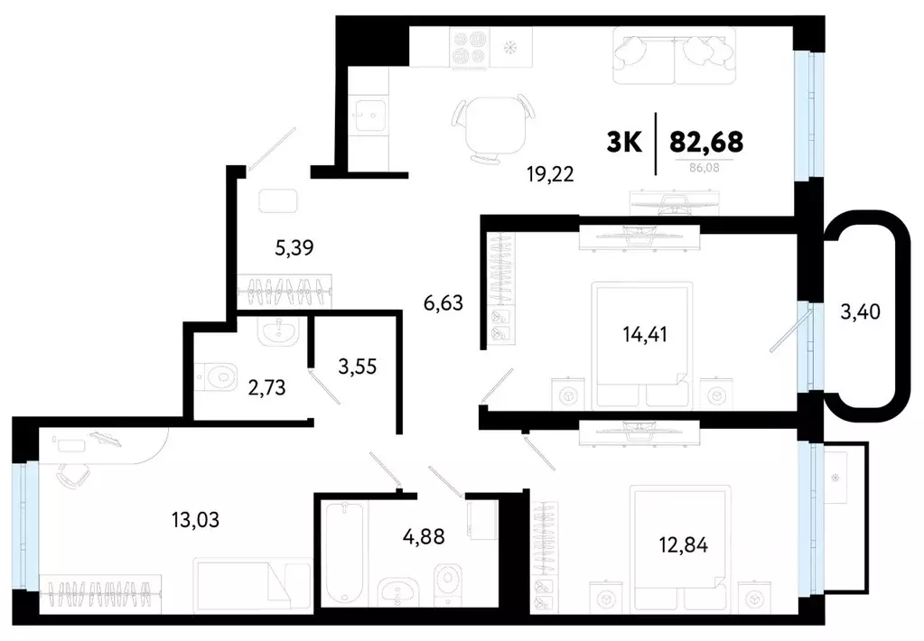 3-к кв. Тюменская область, Тюмень ул. Василия Малкова, 32 (82.68 м) - Фото 1