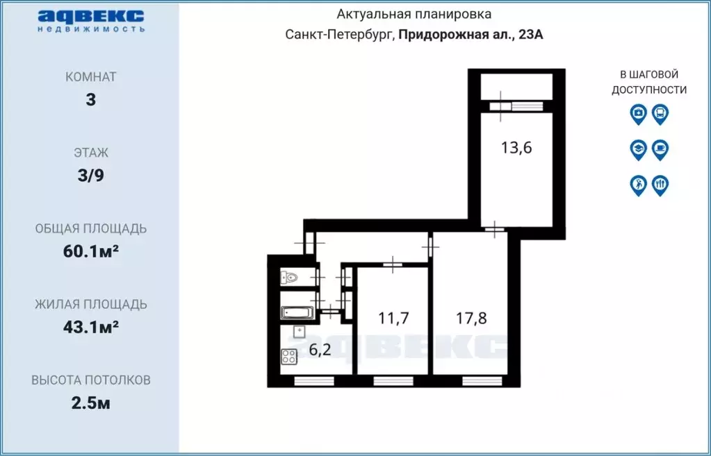 3-к кв. Санкт-Петербург Придорожная аллея, 23 (60.1 м) - Фото 1