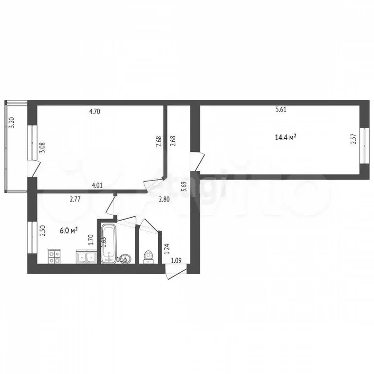 2-к. квартира, 43,7 м, 3/5 эт. - Фото 0