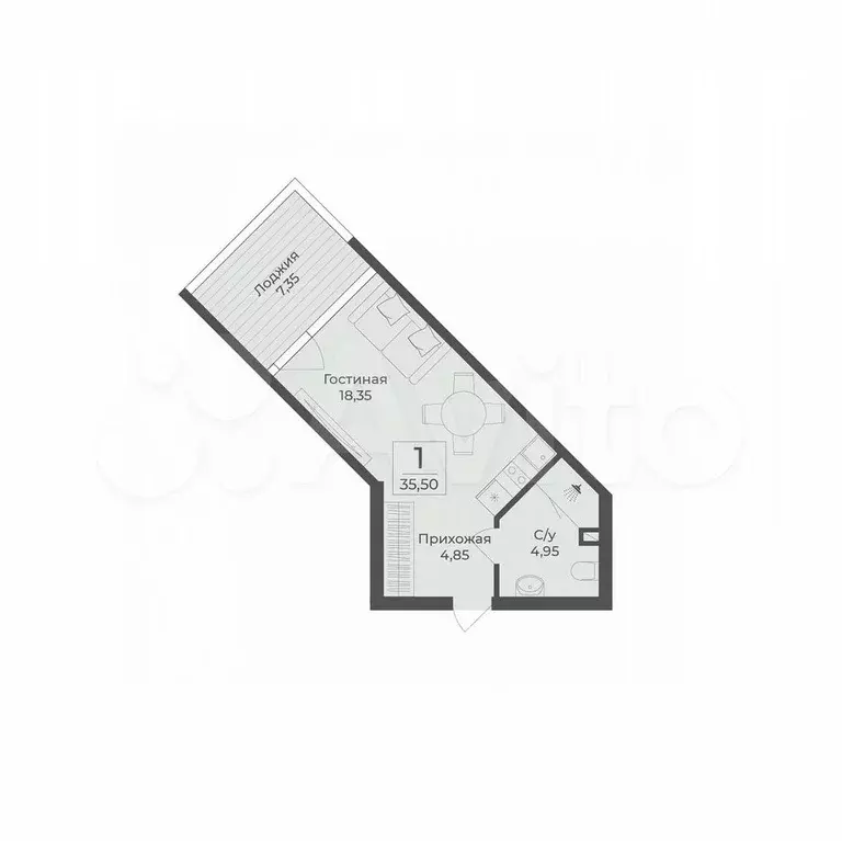 Апартаменты-студия, 35,5 м, 3/12 эт. - Фото 1