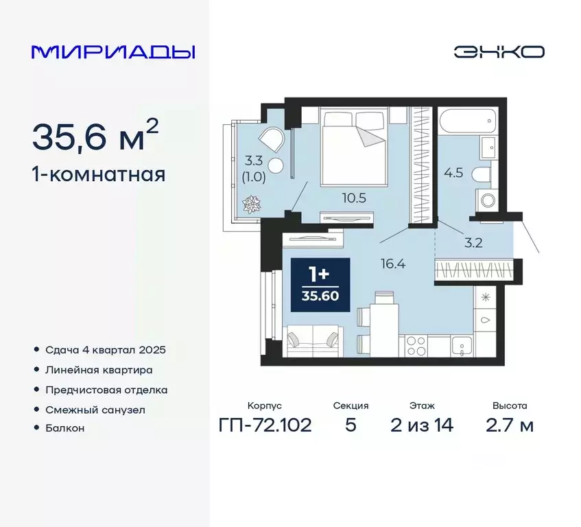 1-к кв. Тюменская область, Тюмень Мириады жилой комплекс (35.6 м) - Фото 0