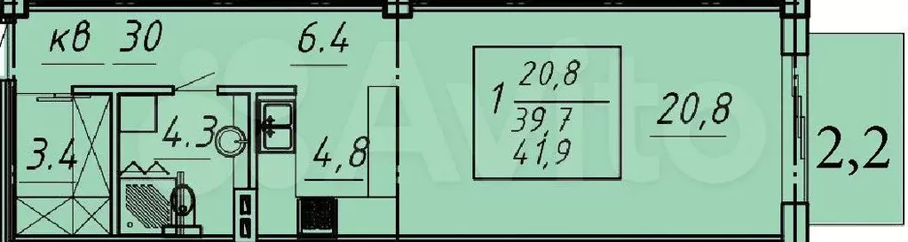 1-к. квартира, 41,9 м, 8/8 эт. - Фото 0