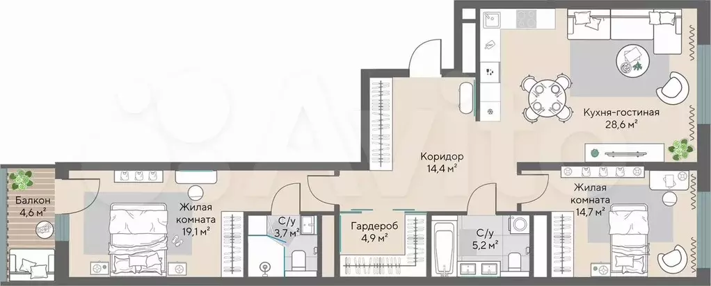 2-к. квартира, 92,5 м, 21/28 эт. - Фото 1