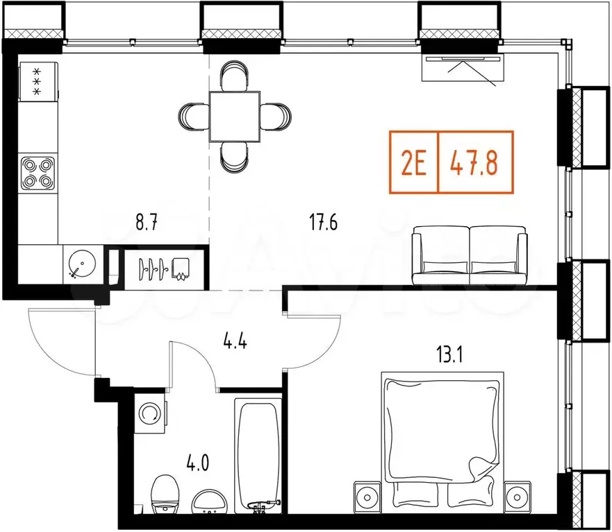 2-к. квартира, 47,8 м, 8/9 эт. - Фото 0