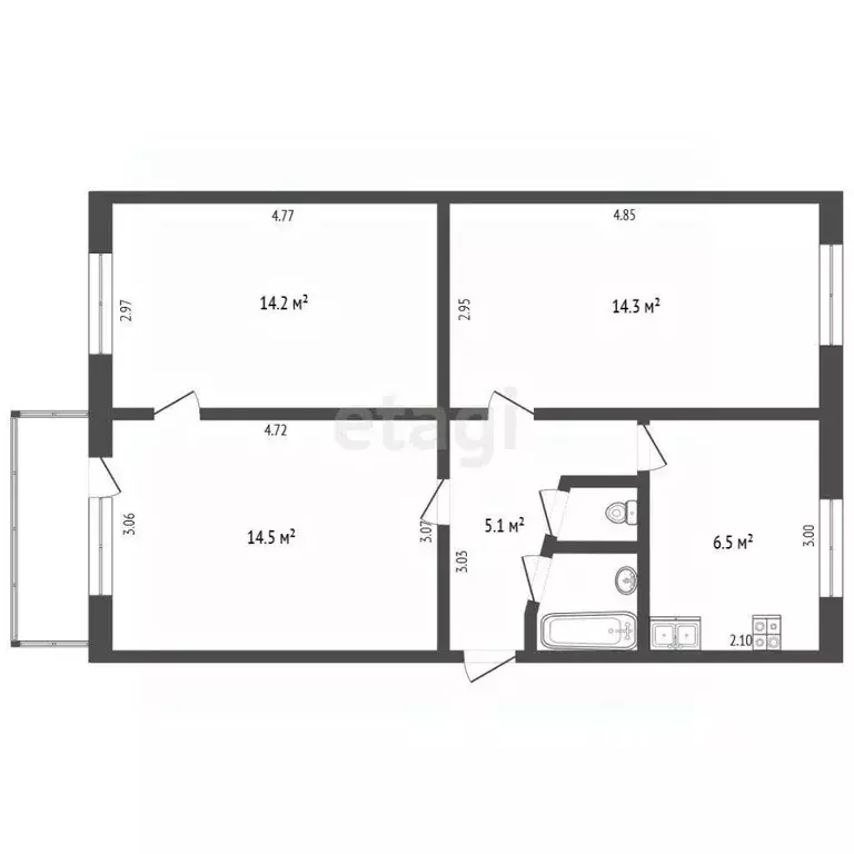 3-к кв. Башкортостан, Стерлитамак Железнодорожная ул., 14 (57.8 м) - Фото 2