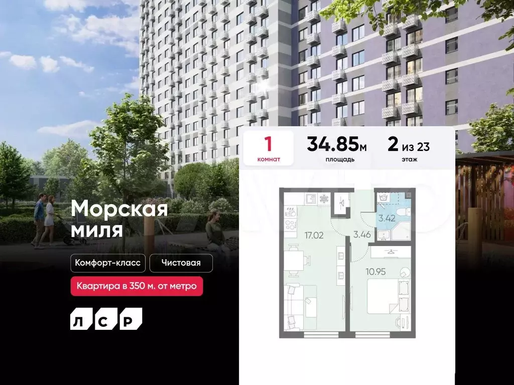 1-к. квартира, 34,9 м, 2/23 эт. - Фото 0