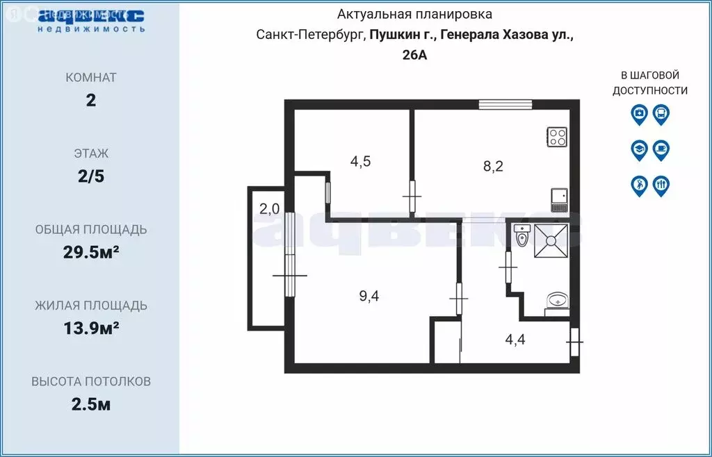 2-комнатная квартира: Пушкин, улица Генерала Хазова, 26 (29.5 м) - Фото 2