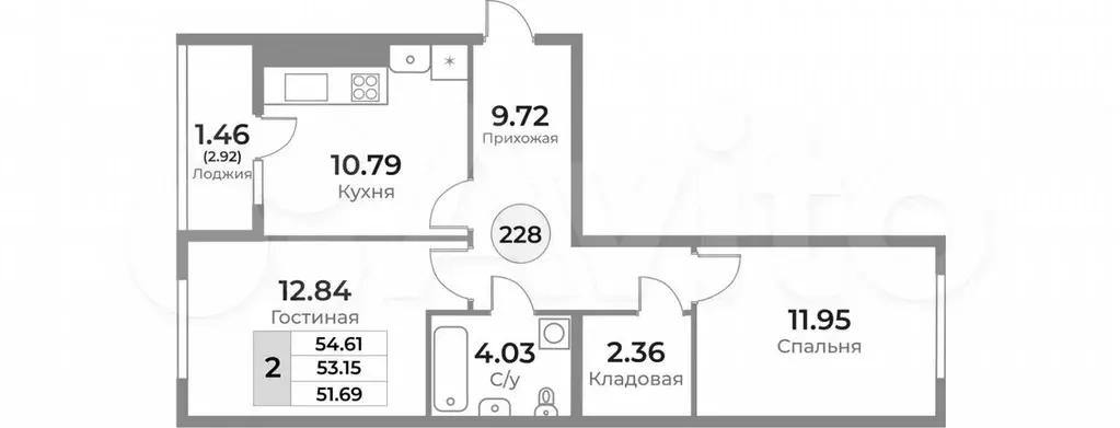 2-к. квартира, 53,1 м, 2/10 эт. - Фото 1