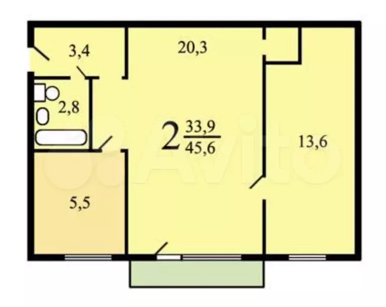 2-к. квартира, 45,6 м, 3/5 эт. - Фото 0