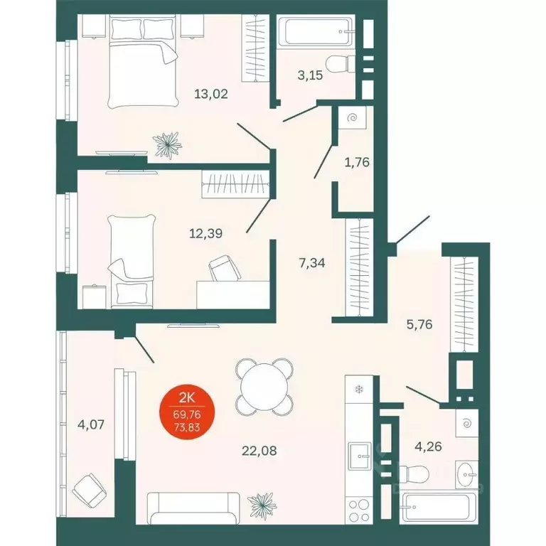 2-к кв. Тюменская область, Тюмень Одесская ул., 7к2 (69.76 м) - Фото 0