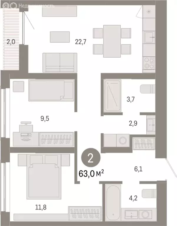 2-комнатная квартира: Новосибирск, Большевистская улица, с49 (62.96 м) - Фото 1