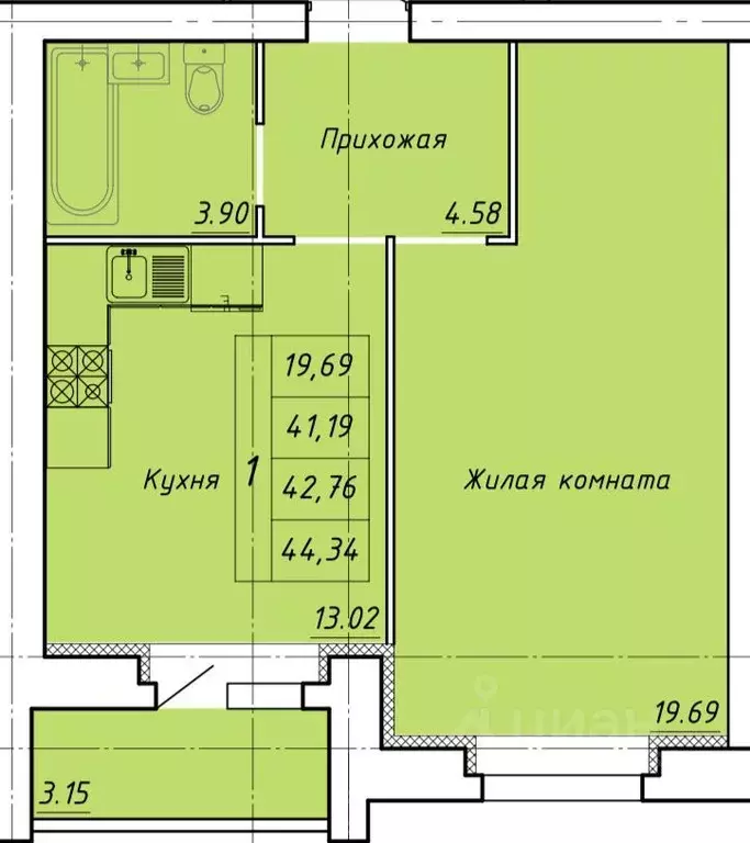 1-к кв. Тамбовская область, Тамбов ул. Гастелло, 109Б (44.34 м) - Фото 1