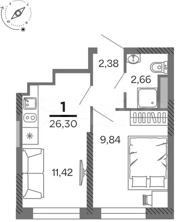 1-к. квартира, 26,3 м, 23/25 эт. - Фото 1