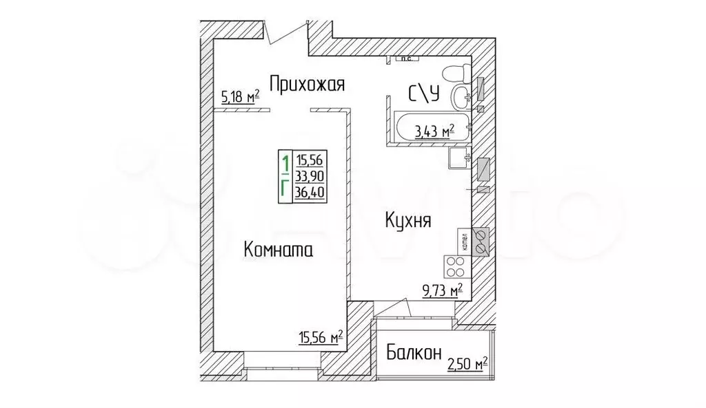 1-к. квартира, 36,4 м, 3/6 эт. - Фото 1