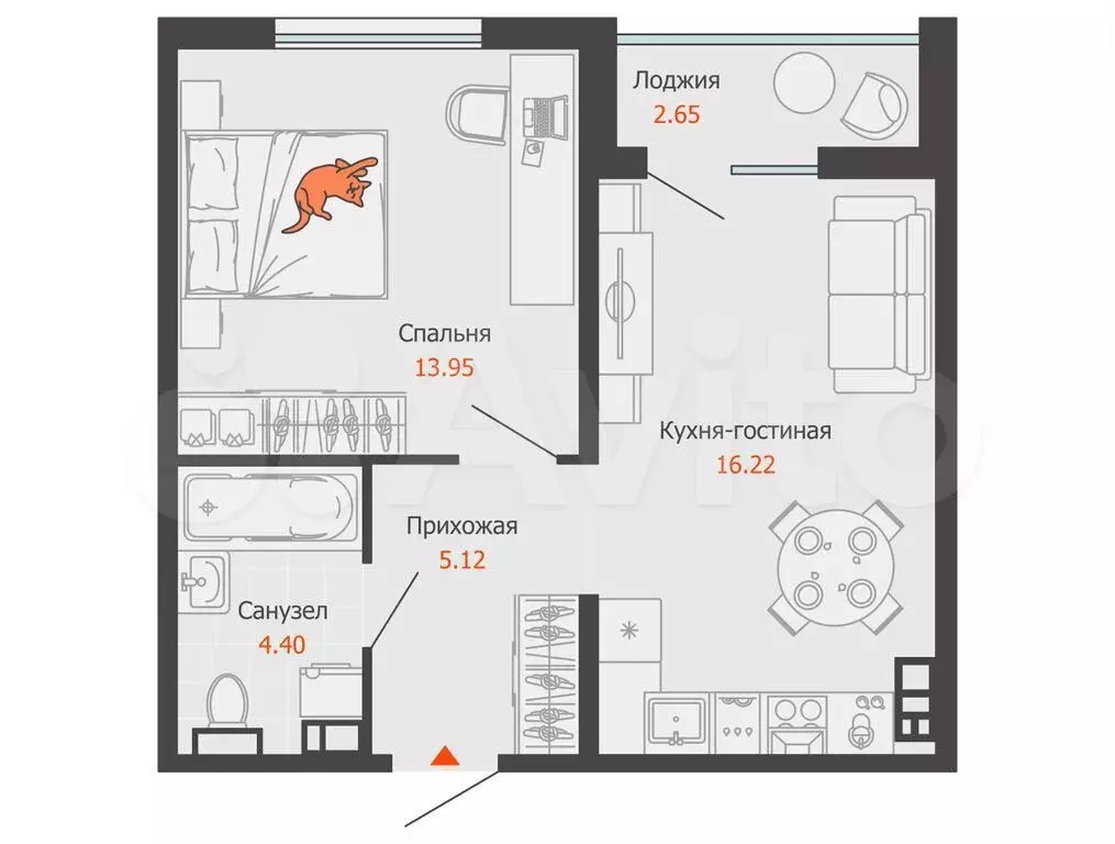 1-к. квартира, 41 м, 3/9 эт. - Фото 0