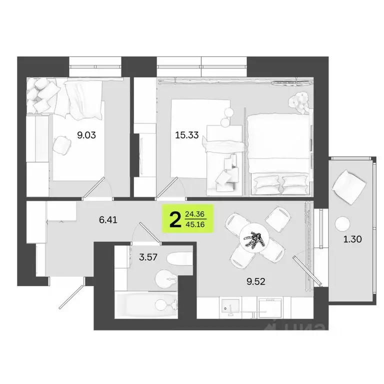 2-к кв. Башкортостан, Уфа ул. Акназарова, 20 (45.16 м) - Фото 0