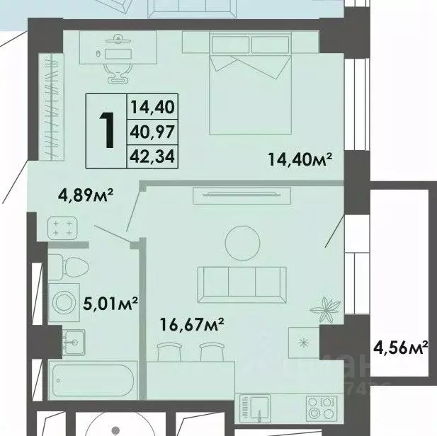 1-к кв. Саха (Якутия), Якутск 53-й кв-л,  (43.15 м) - Фото 0